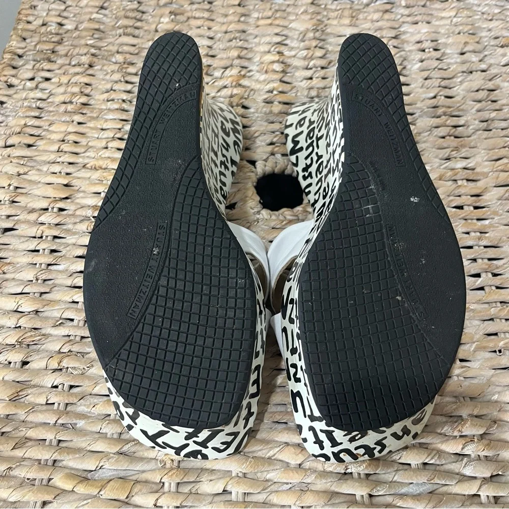 STUART WEITZMAN NEW BLACK & WHITE LEATHER‎ GRAFFITI PRINT LOGO SANDAL WEDGE 9.5